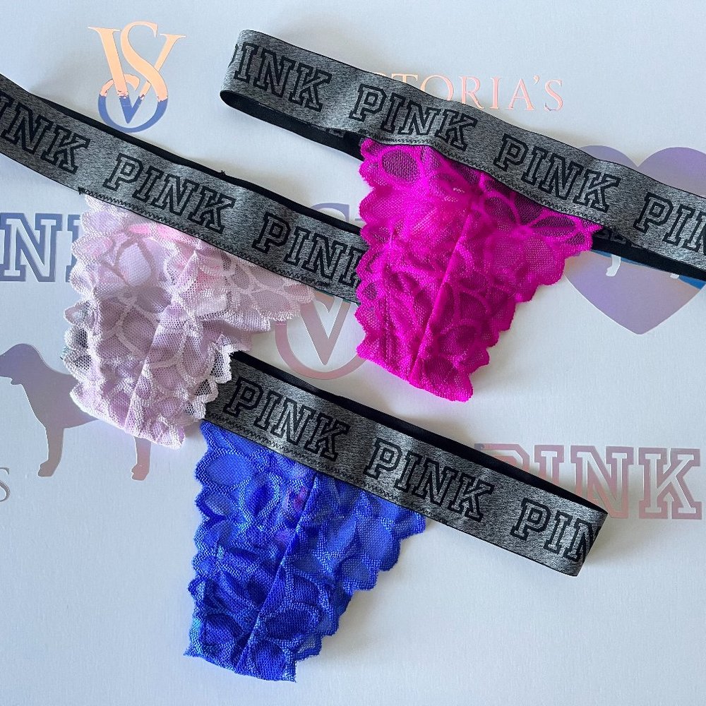 New Victoria's Secret PINK Lace Thong Size XS Set/Lot of 3 Dark Light Pink Blue